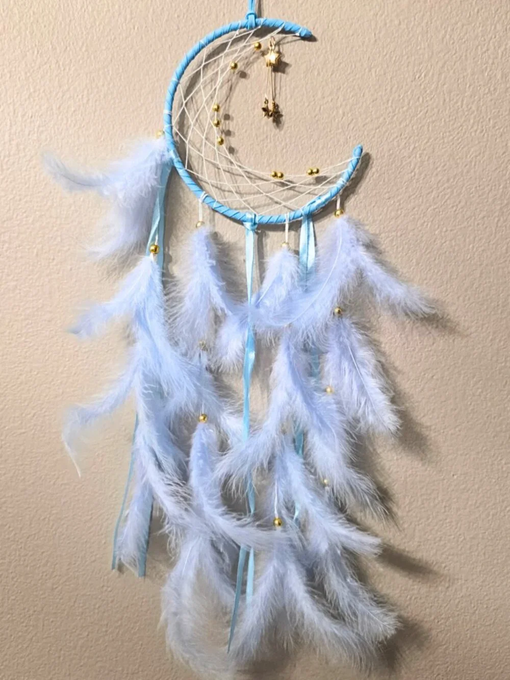 Crescent Moon Dreamcatcher Light Blue with White Feathers Gold Beads Star Charms